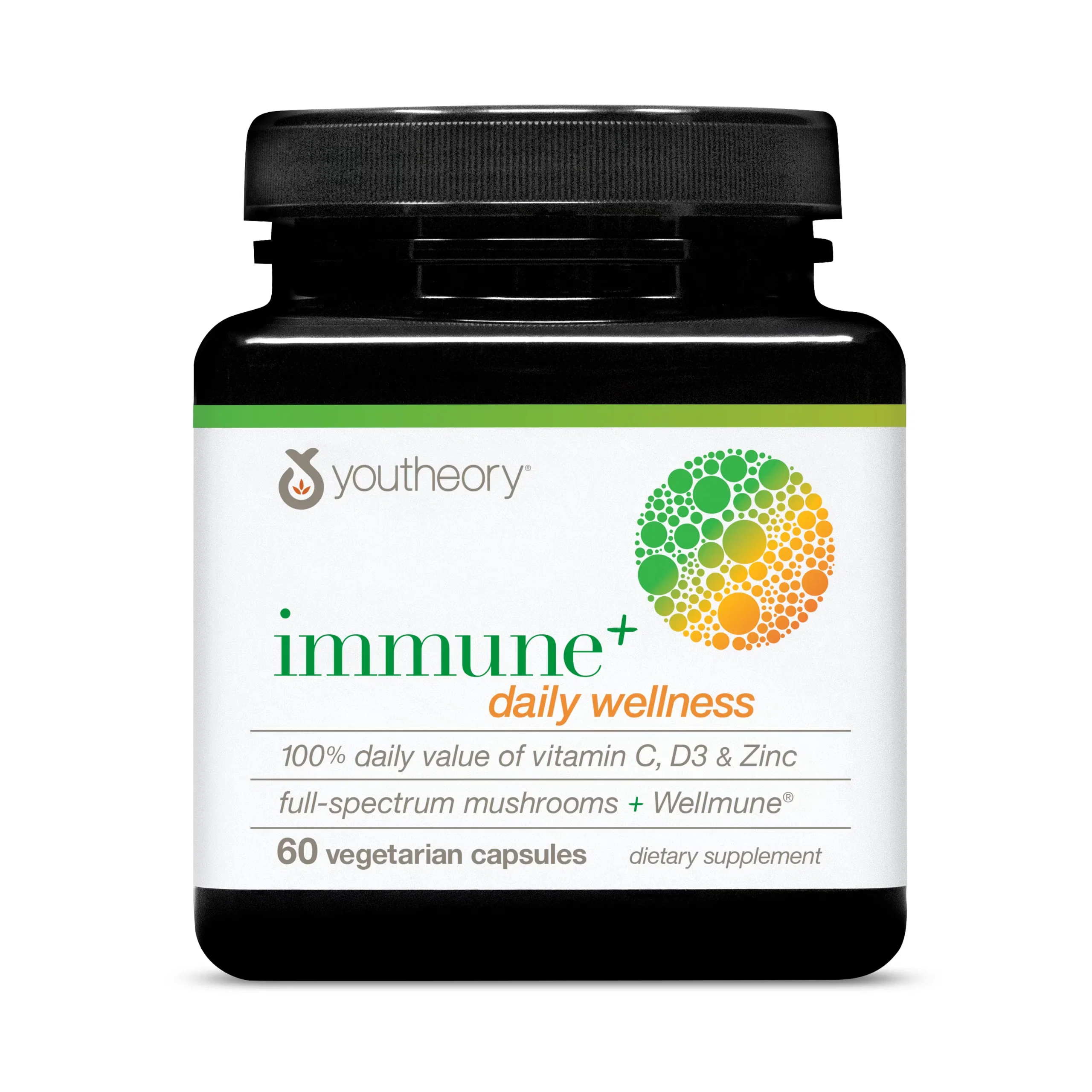 Youtheory Immune Full Espectrum Mushrooms + Daily Wellness (Vitamina C) Apoyo inmunológico vegetariano con vitamina C, D3 Hongos de espectro completoy zinc.